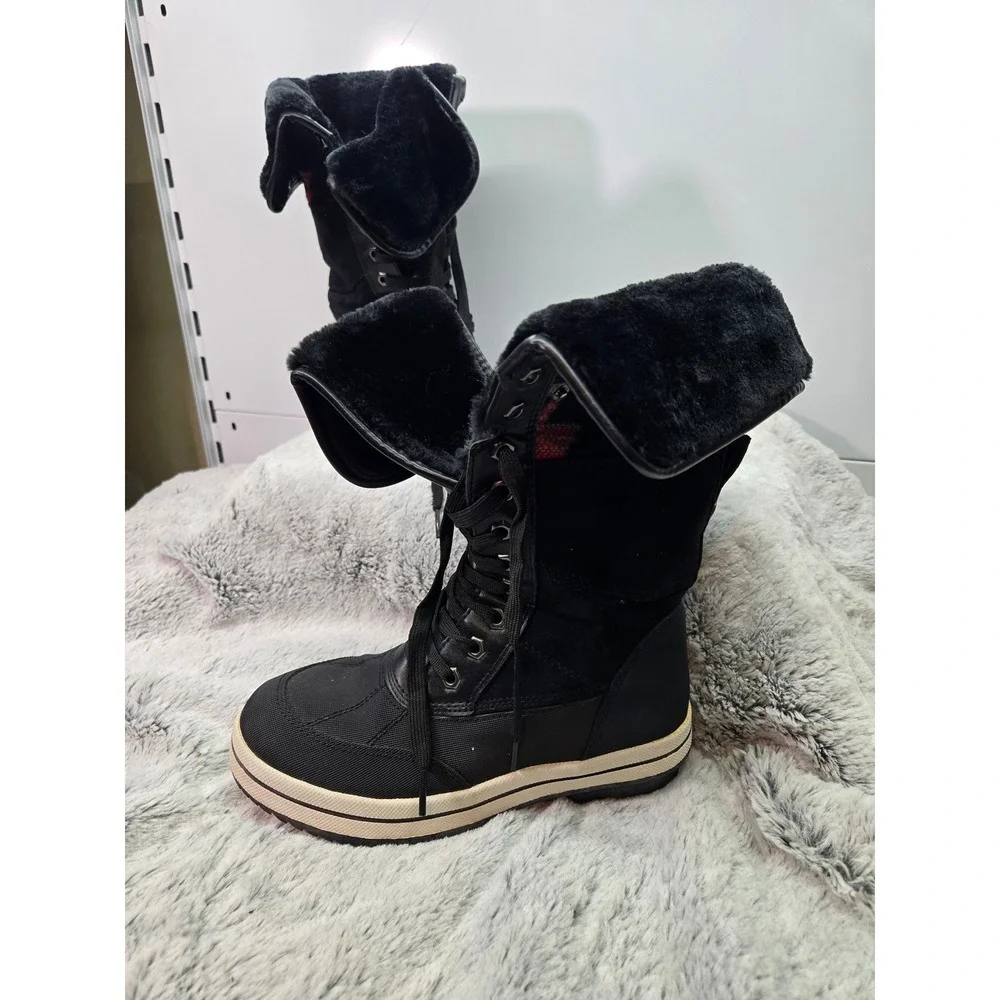 Womens Black‎ Lace Up Duck Boots Waterproof Fold Down Faux Fur Trim Winter